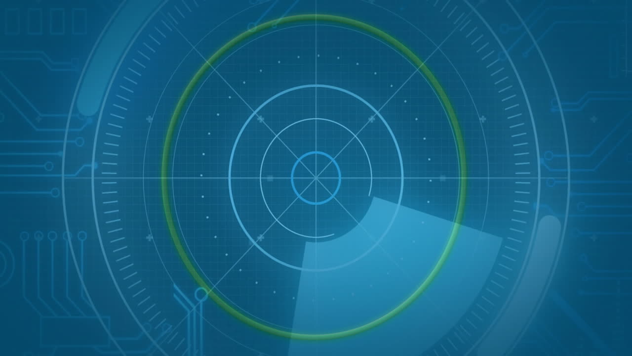 Rotating circular patterns in digital animation on radar screen with blue interface