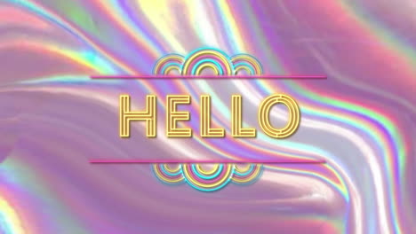 digital animation of neon hello text against metallic shiny liquid effect background