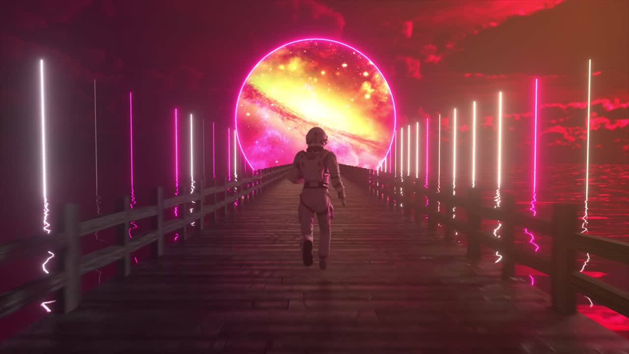 Astronautti juoksee kohti kosmista portaalia