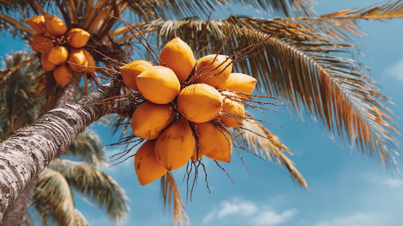 A Tropical Coconut Tree Showcasing Vibrant Yellow Fruits Against a Clear Blue Sky, Highlighting Nature's Beauty and the Essence of Island Life