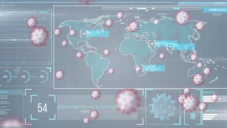 Animación-De-Células-Covid-19-Y-Procesamiento-De-Datos-Sobre-El-Mapa-Mundial