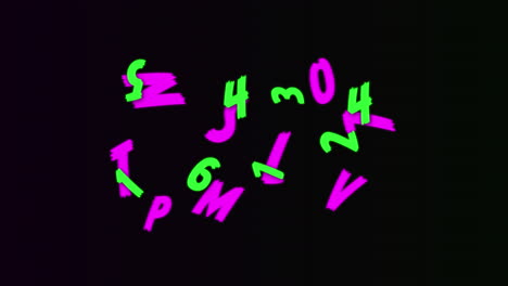 neon random numbers and alphabets moving and changing against black background