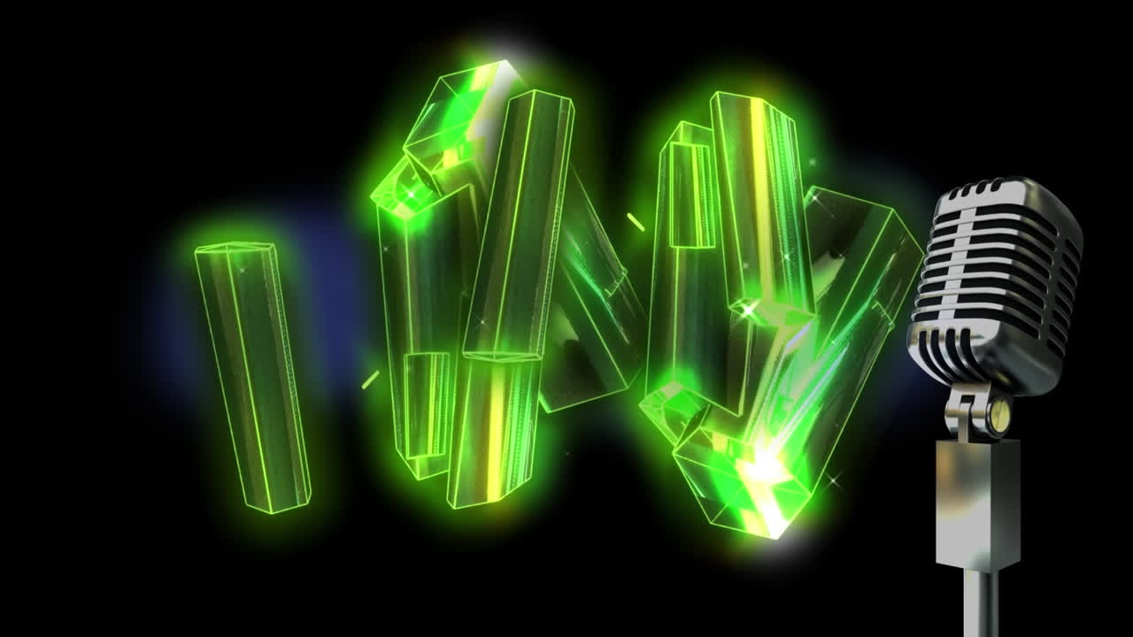 검은색 배경에 디지털 모양과 빈티지 마이크의 애니메이션