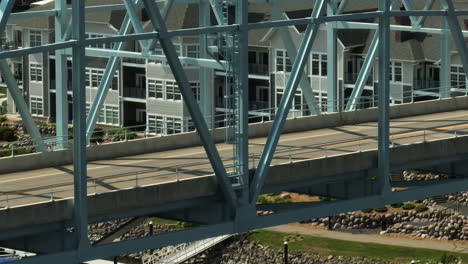 Wabasha&ndash;Nelson Bridge telephoto detail of truss structure, aerial shot, day