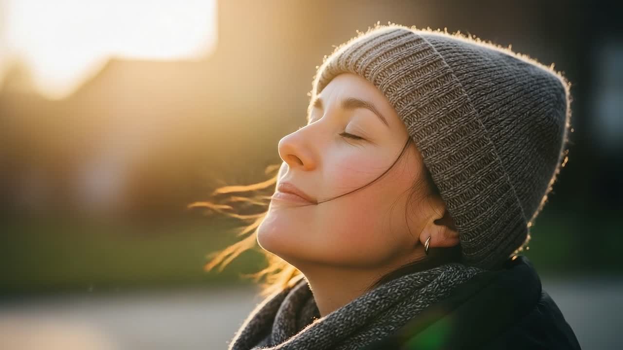 A serene moment of reflection captured in soft golden sunlight, as a young woman experiences peace and tranquility, embracing the warmth of nature and the beauty around her