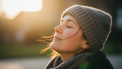 a serene moment of reflection captured in soft golden sunlight, as a young woman experiences peace and tranquility, embracing the warmth of nature and the beauty around her