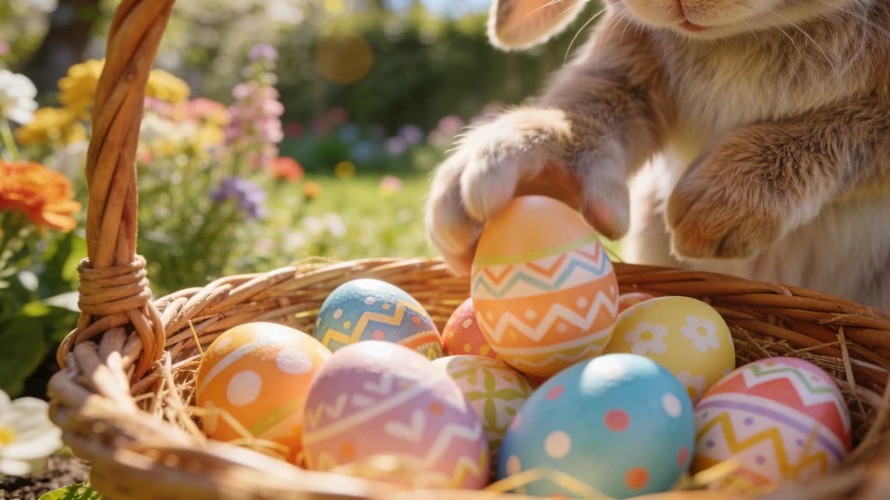 Coniglio marrone che entra, esplora e tocca con la zampa uova dipinte in giardino con un cesto di vimini, con spazio per il testo