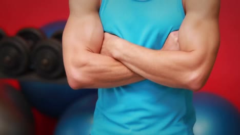 animation of statistics processing over strong caucasian man smiling in gym