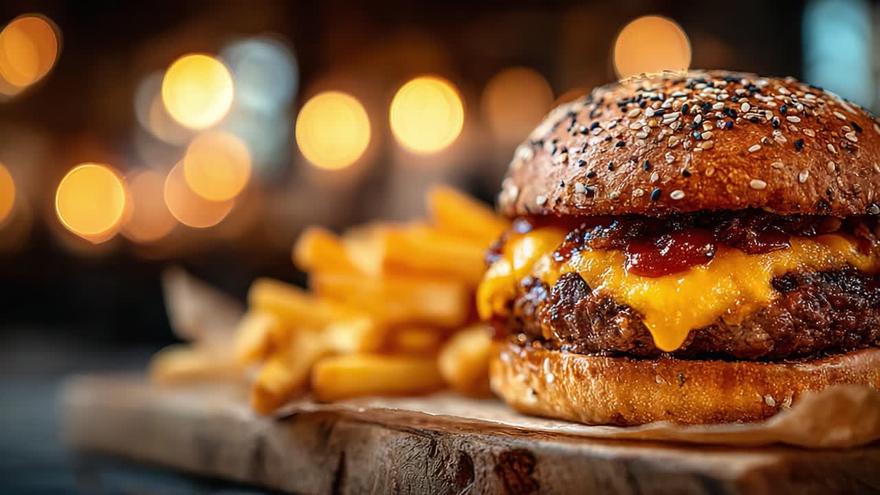 Un delizioso hamburger gourmet accompagnato da croccanti patatine fritte, presentato con uno sfondo caldo e sfocato che mette in risalto l'atmosfera accogliente di un ristorante