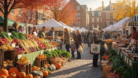 a vibrant autumn farmers market bustling with activity, showcasing an abundant harvest of fresh produce, colorful vegetables, and artisan goods surrounded by fall foliage