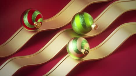 animación de ciclo de navidad en 3d. bola de vidrio a rayas rodan en el camino ondulado dorado sobre el fondo rojo. video extrañamente satisfactorio. ritmo repetido. imagen en vivo. diseño de movimiento sin costuras en bucle.