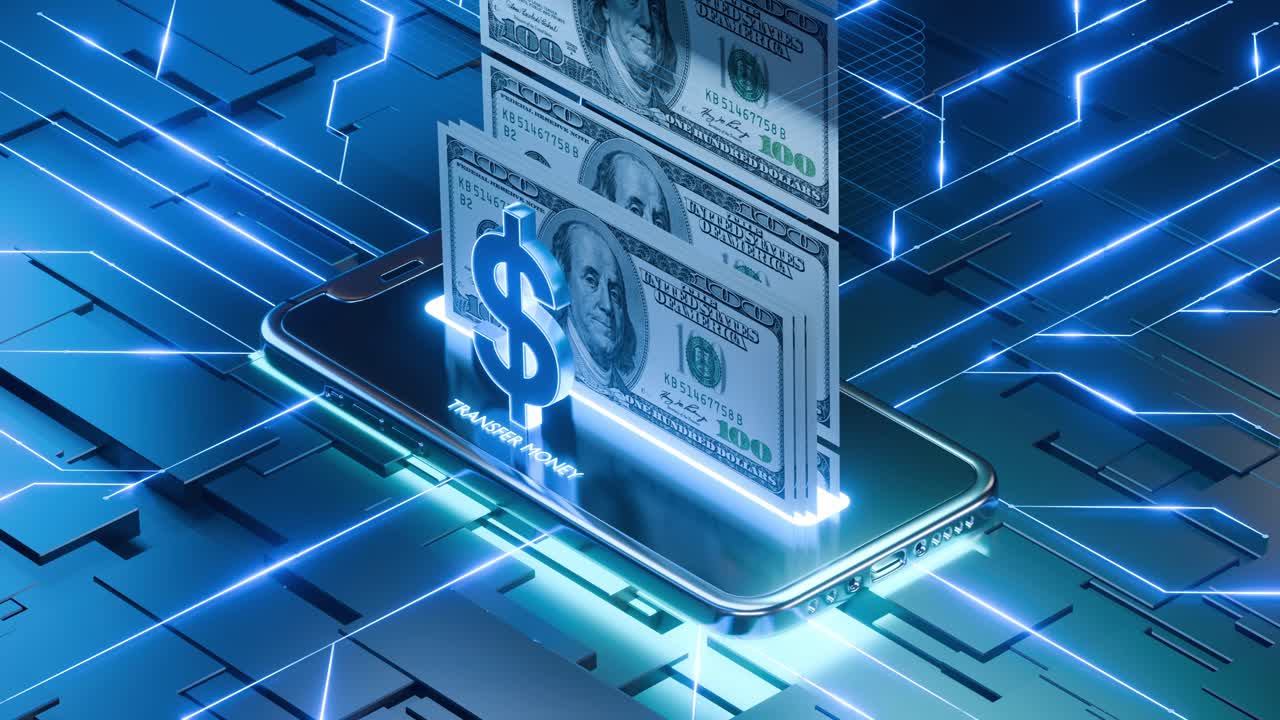 Future world concept of spending money with a digital wallet using a mobile phone