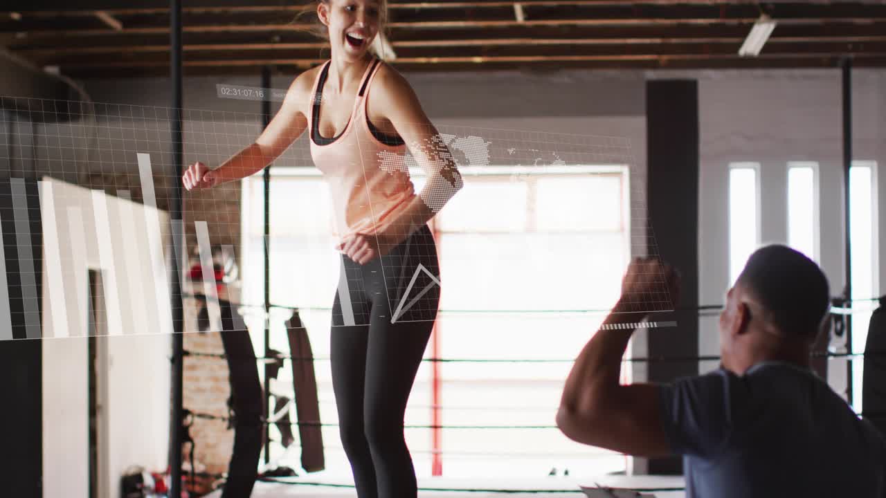 Woman adjusting stance and checking box, doing power box jumps while trainer noting metrics, charts
