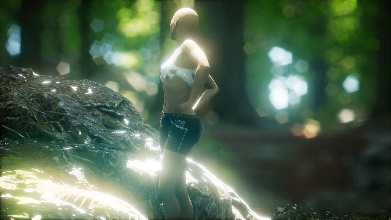 mujer joven con camiseta rasgada en el bosque verde