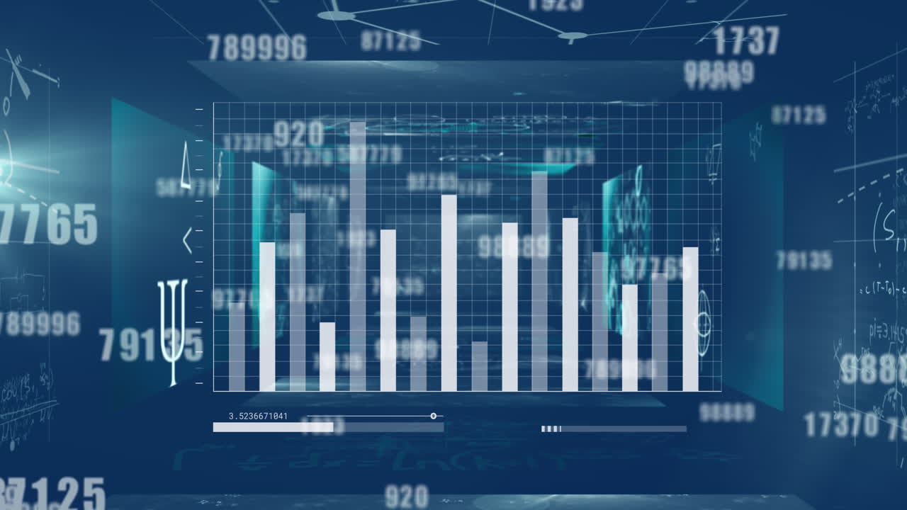 Animation of financial data processing and symbols on blue background