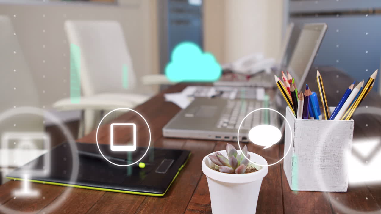 animación de la red de iconos sobre el escritorio con el portátil.