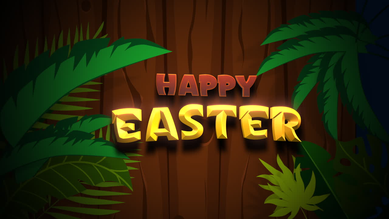 Happy Easter text on wood with tropical green palms