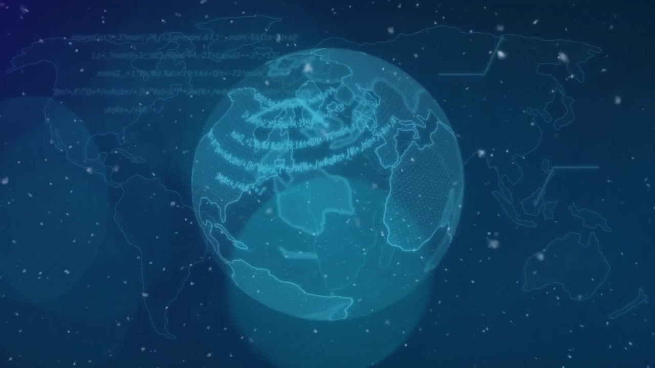 데이터 처리의 애니메이션과 파란색 배경 위의 지구