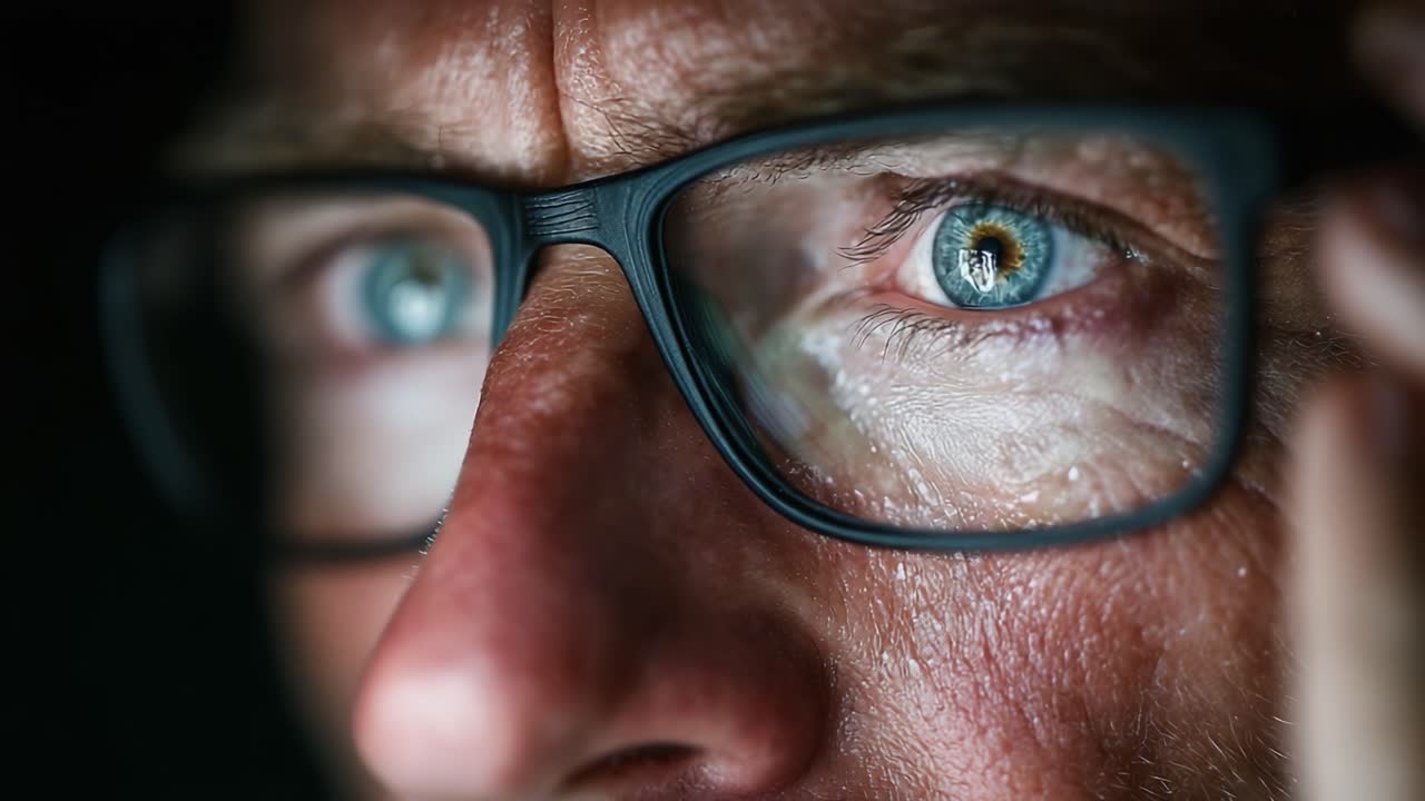 Detailed Close-Up of a Person's Eye Behind Glasses, Capturing Emotions and Focus in a Dramatic Light, Highlighting Human Expression and Intensity