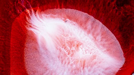 explosive red and white ink diffusion in water with a sparkling effect, evoking a fiery burst