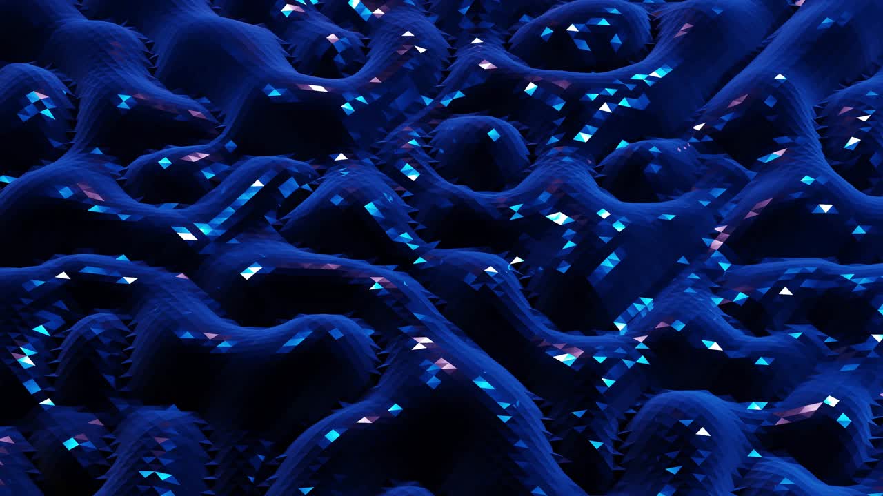 4k에서 세련된 어두운 추상적인 낮은 폴리 배경, 추상적인 파동은 반이는 금속 표면에서 루프로 움직입니다, 부드러운 부드러운 무 애니메이션, 간단한 미니멀리즘 기하학, 푸른 색.