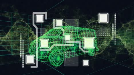 animation of dna strand and computer circuit board over digital van on black background