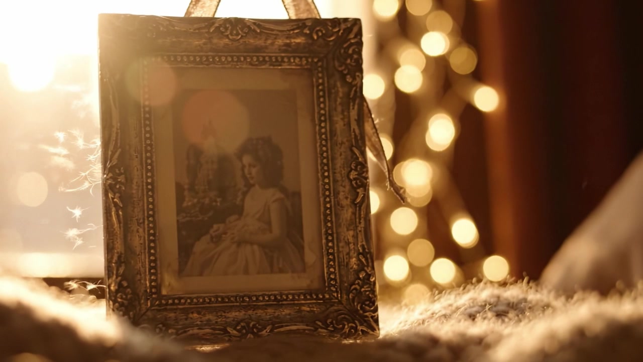 A Captivating Glimpse into Nostalgia: Framed Photographs Illuminated by Soft Lighting and Glittering Bokeh, Evoking Memories and Emotions