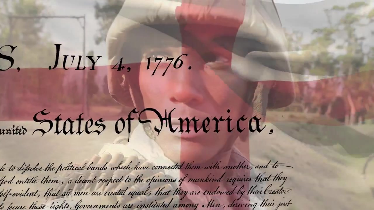 Animazione della trascrizione della dichiarazione d'indipendenza e bandiera inglese su un soldato dell'esercito caucasico.