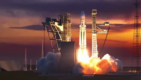 rocket launching from a launchpad at sunset