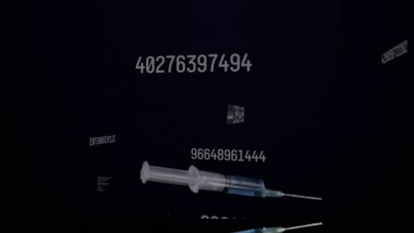 digital composition of multiple changing numbers floating over syringe falling against black backgro