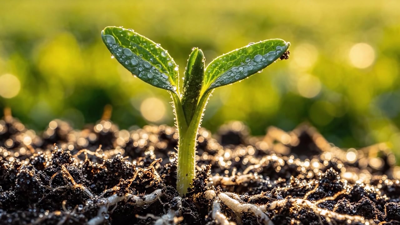 L'emergere della vita: un germoglio si fa strada nel terreno per raggiungere il sole, evidenziando la bellezza della crescita e il ciclo della natura nella luce del primo mattino.