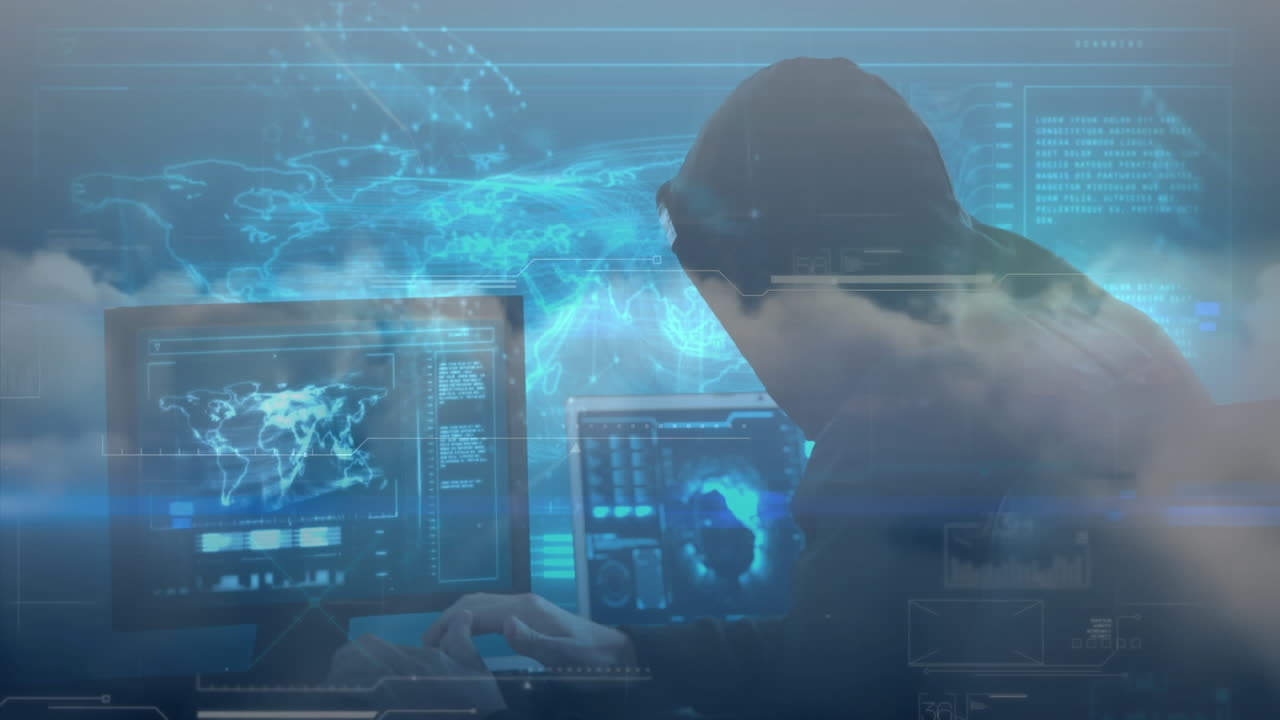 animación del globo de redes de conexiones a través de un hacker utilizando una computadora