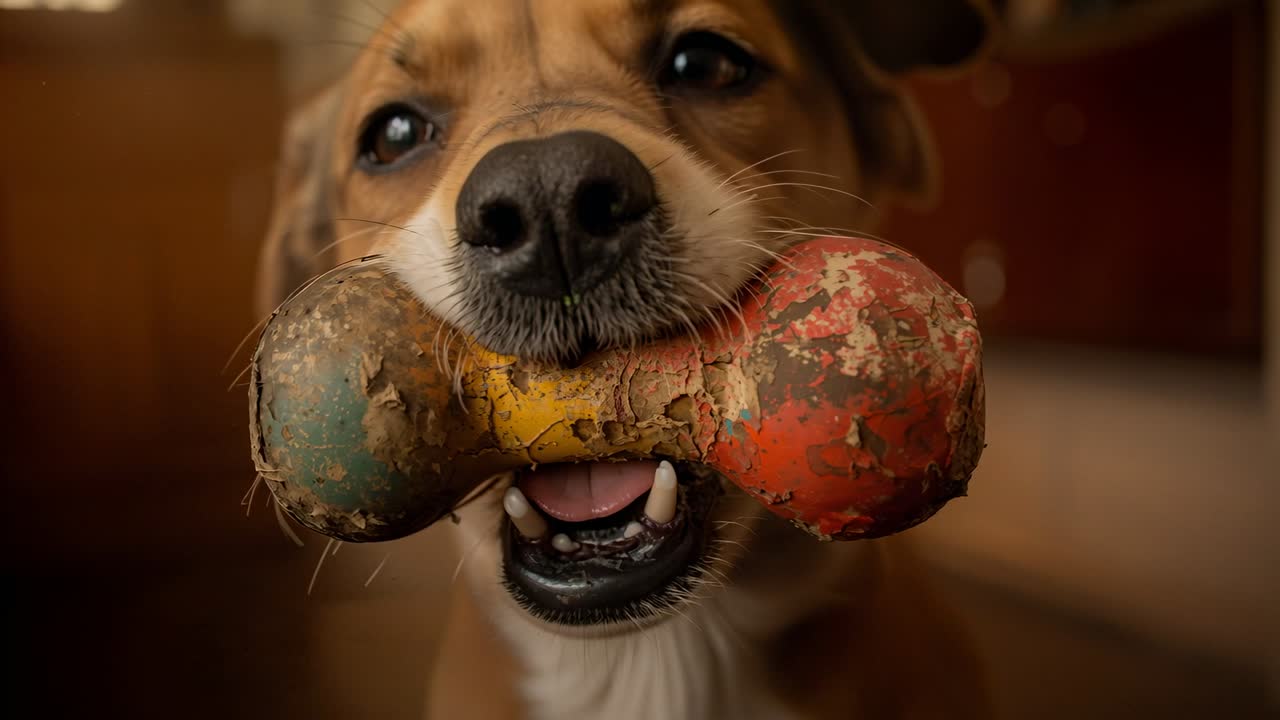 Brauner Hund kaut auf abgenutzter Gummihantel in warmer Küche mit Holzschränken.