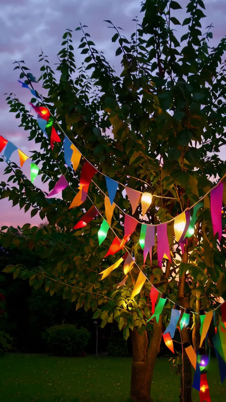 Vibrant Festa Junina Buntings and Lights at Sunset and Night