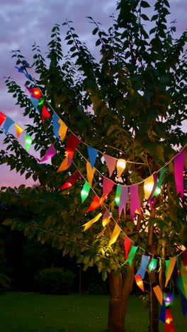 vibrant festa junina buntings and lights at sunset and night