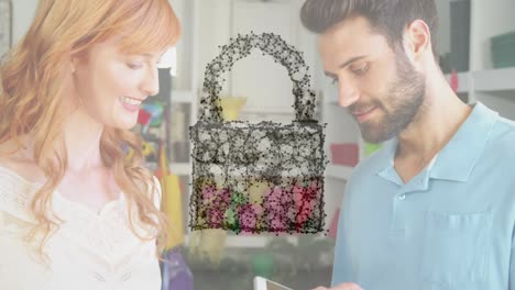 animation of network security padlock over people using payment terminal