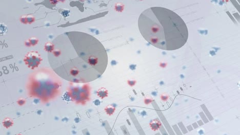 animation of macro coronavirus covid-19 cells floating over graphs and statistics