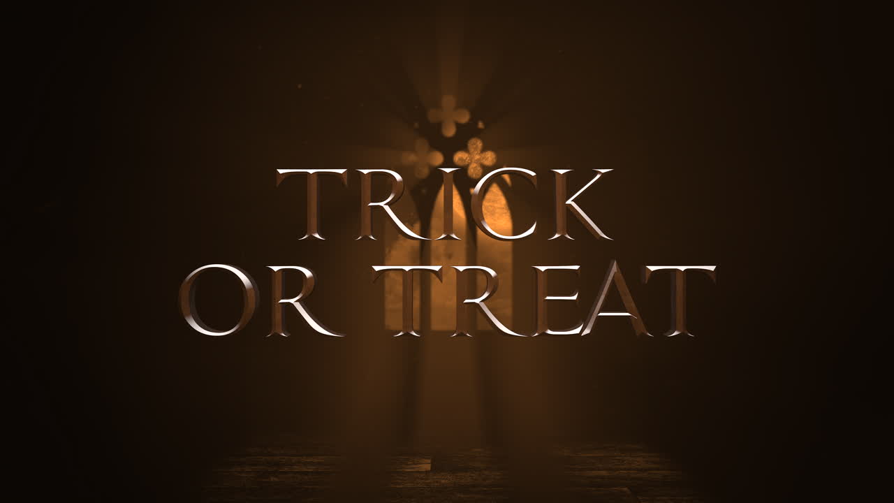 truco o trato con la ventana del viejo castillo con luz y cruces en la noche