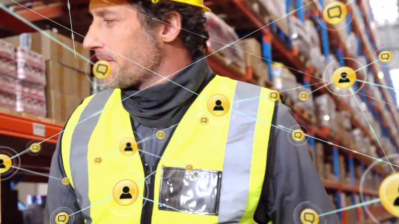 저장 창고에서 일하는 친절한 직원들에 대한 사람들과 미디어 아이콘의 네트워크의 애니메이션