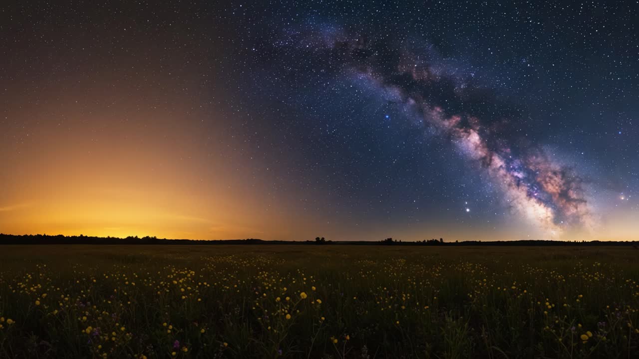 Una vista panoramica mozzafiato della Via Lattea che illumina il cielo notturno sopra un prato tranquillo con fiori in fiore e un bagliore all'orizzonte.