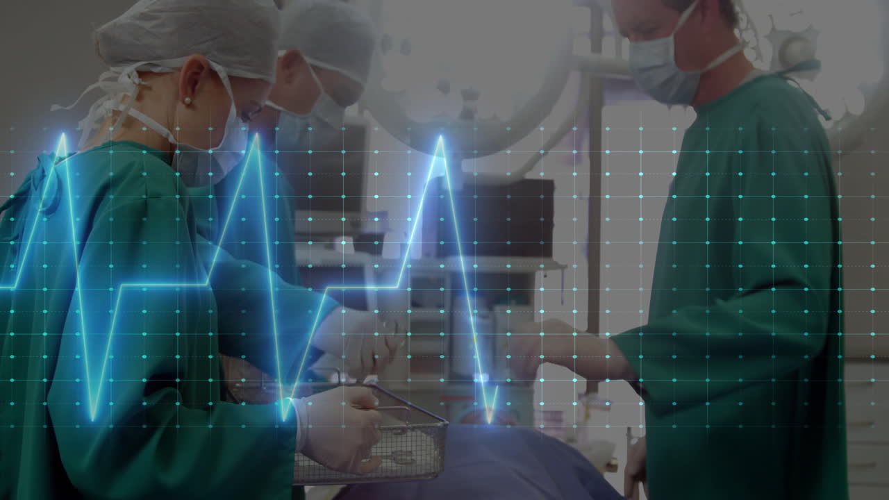 수술실에서 얼굴 마스크를 착용한 백인 외과 의사들에 대한 심장 촬영 애니메이션