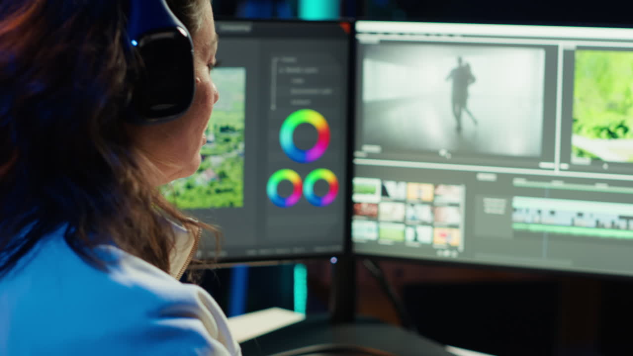 especialista en producción que utiliza auriculares para probar y mejorar la calidad de audio