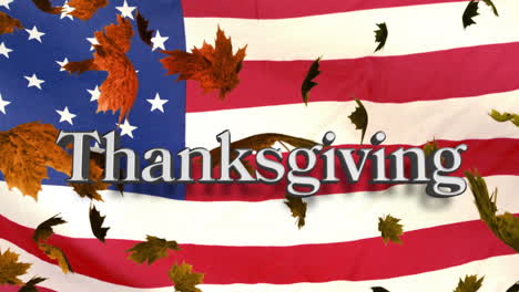 animation of thanksgiving text over leaves floating and american flag