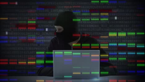 animation of data processing over caucasian male computer hacker in balaclava using laptop