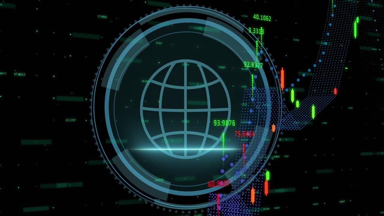 animación del procesamiento de datos financieros sobre el banner de texto de seguridad cibernética y el icono de escudo de seguridad