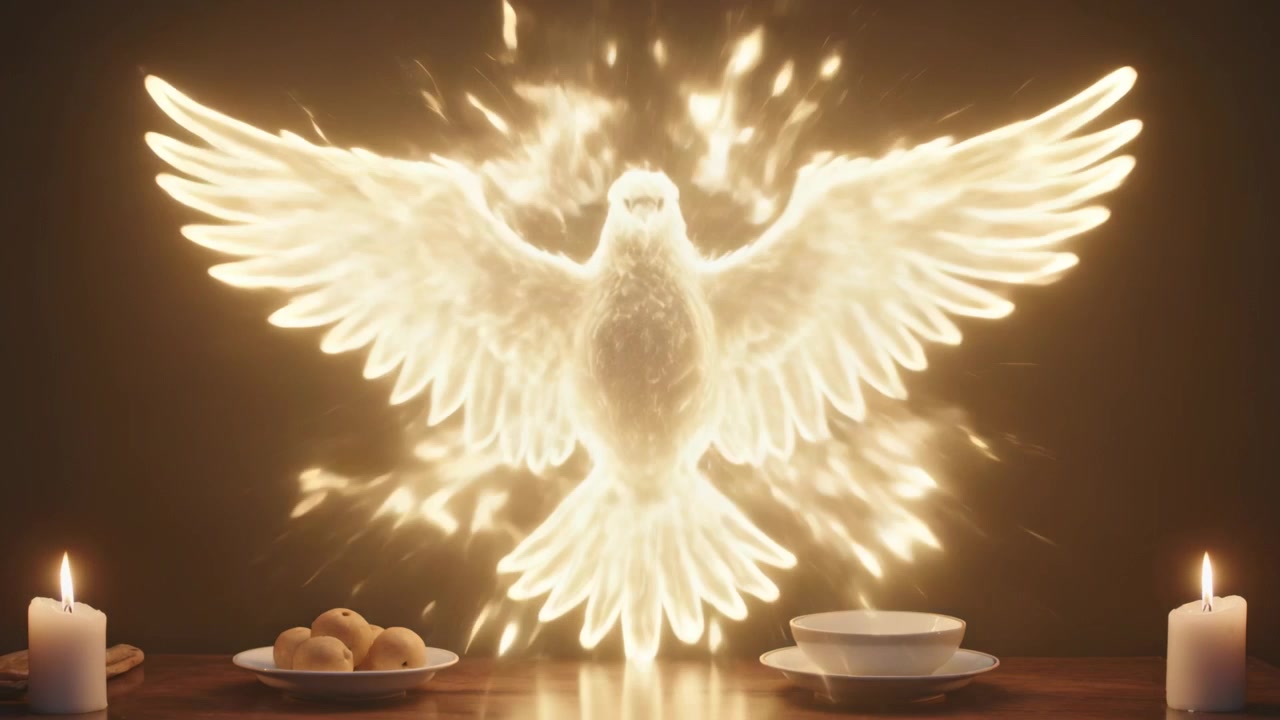 Swelling flame with blue dove forming into golden bird over wooden table, two candles, fruit bowl