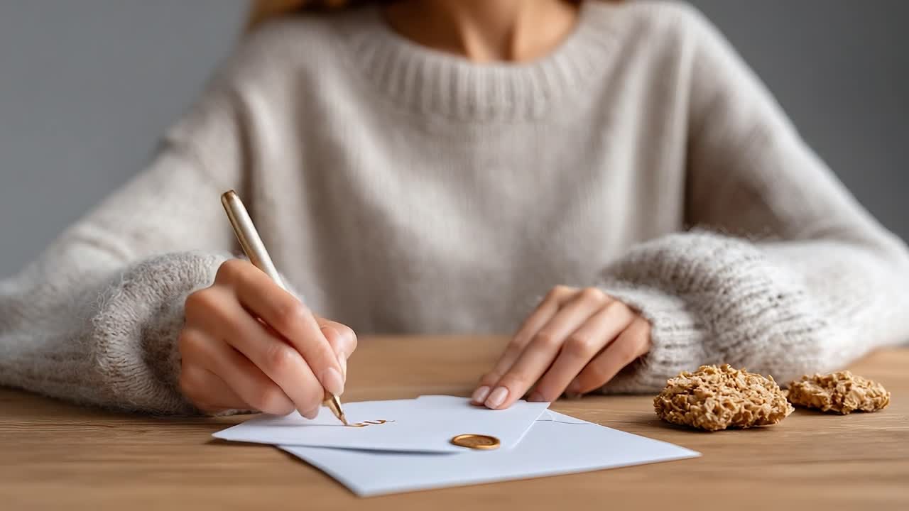 A Cozy Moment of Creativity: Handwriting a Personal Note with a Soft Sweater and Delicious Cookies Nearby