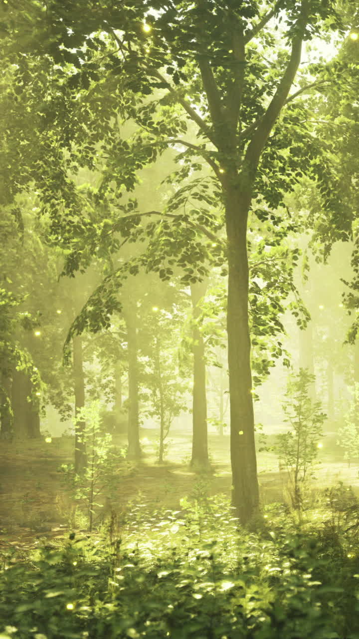 Light filtering through trees in a serene forest landscape during morning