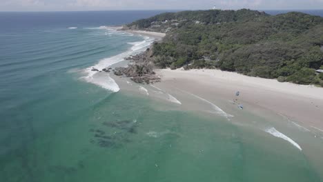 Aerial-View-Of-Clarkes-Beach-With-Turquoise-Seascape-In-NSW,-Australia---drone-shot