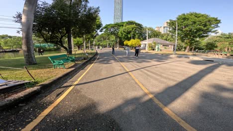 people walking and enjoying a park pathway